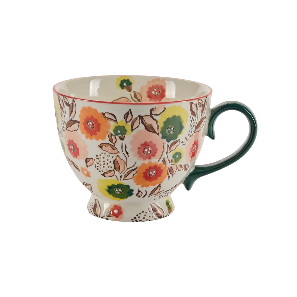 Håndmalet krus m. blomster, orange/grøn - 480ml