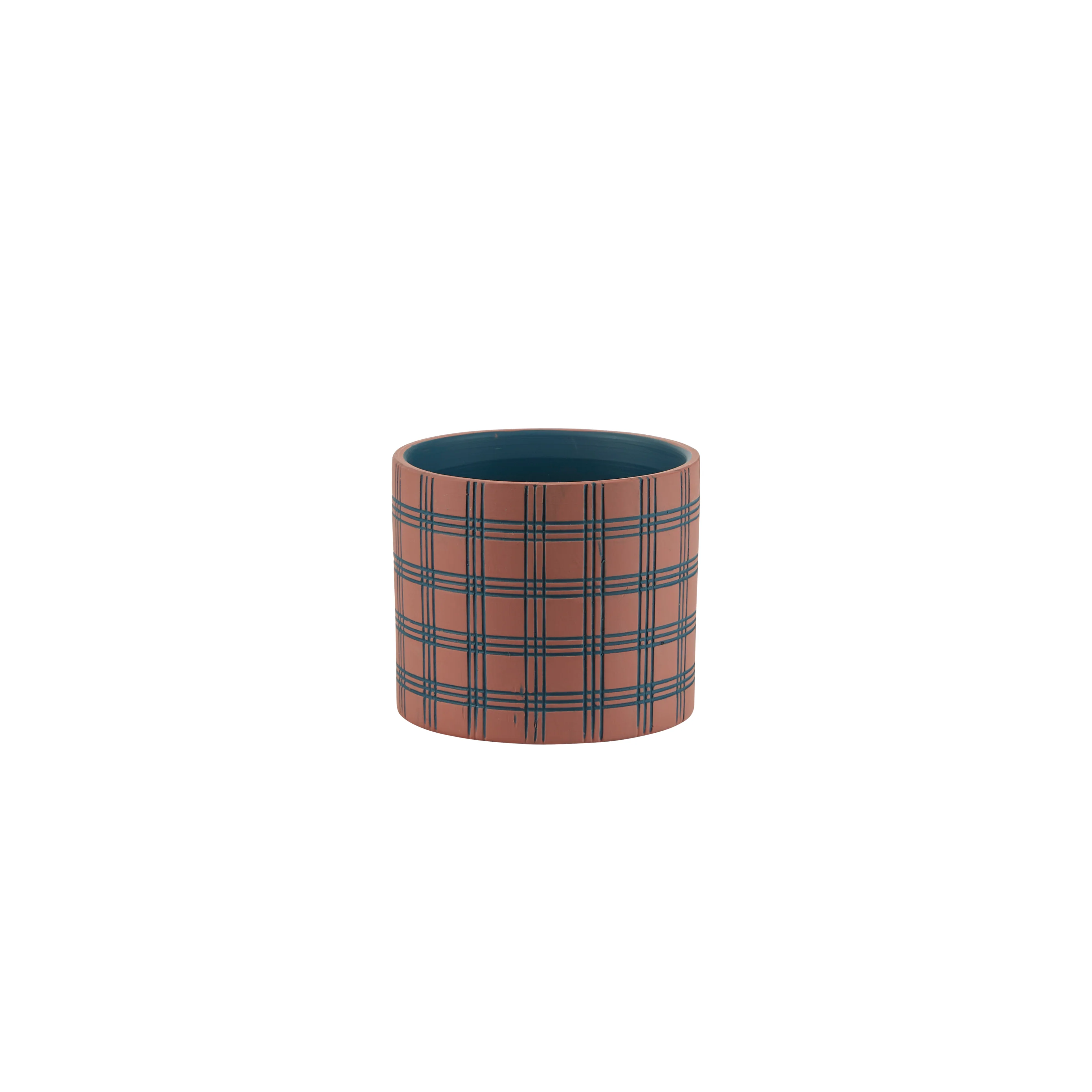 Urtepotteskjuler med plaid tern, blå/rosa - H10 cm.