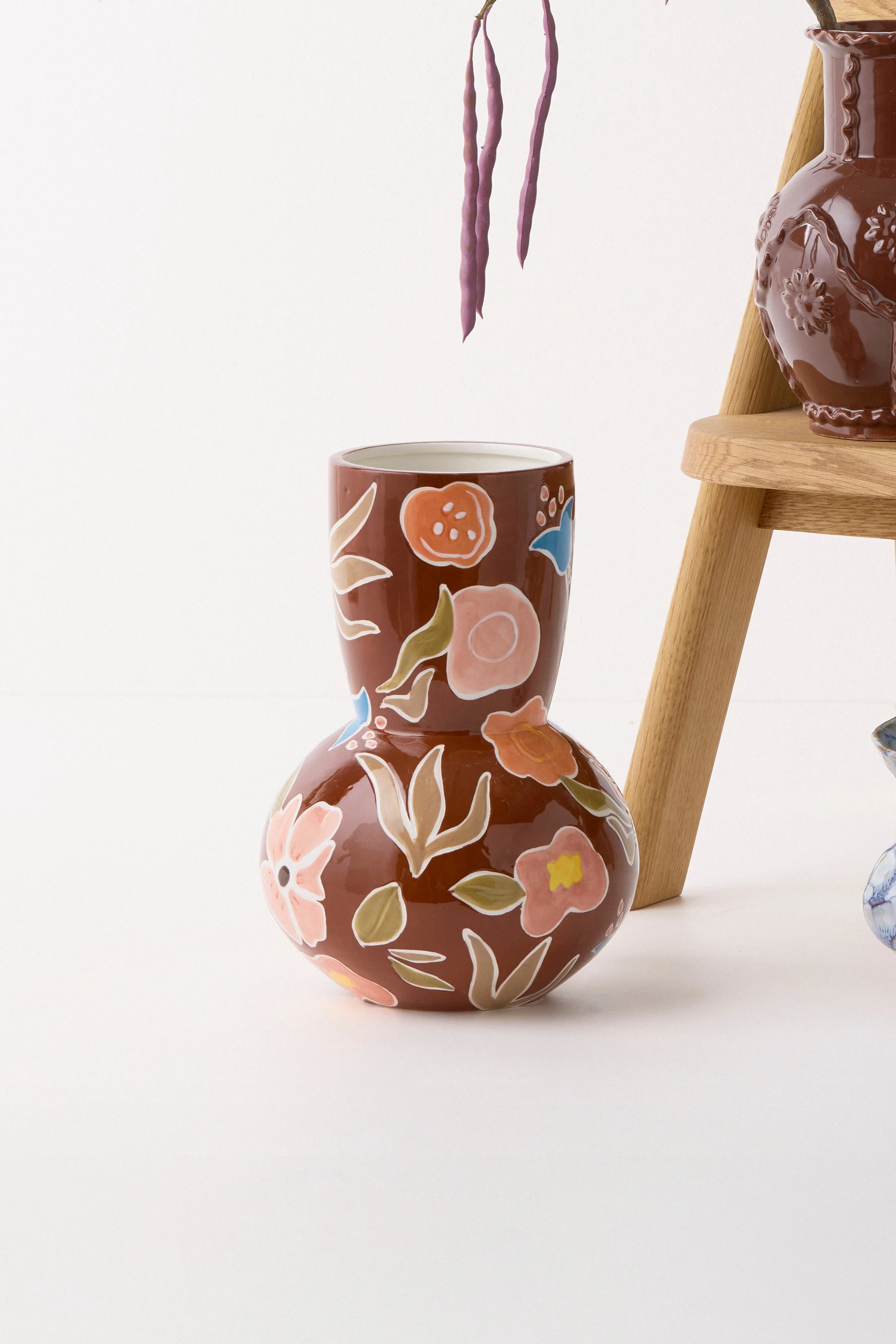 Vase med blomster motiv, brun - H28 cm - Image 2