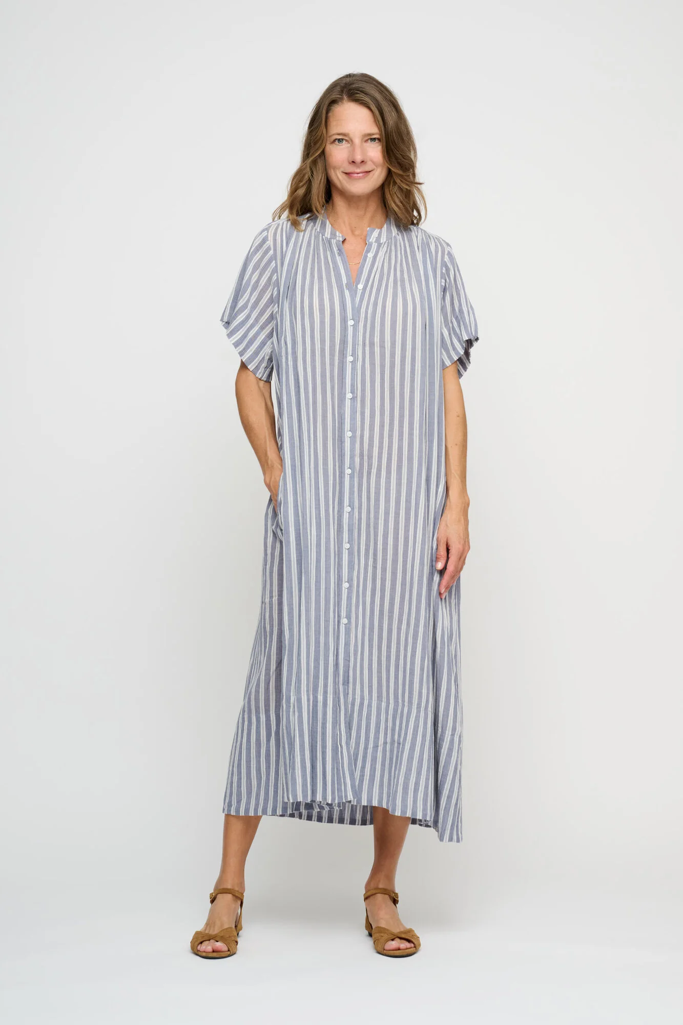 June stripe skjortekjole - Sea blue/ecru