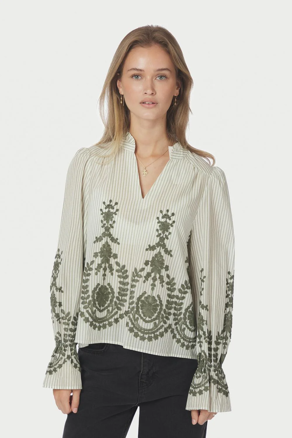 Amara Stripe Emb bluse - Dusty Green