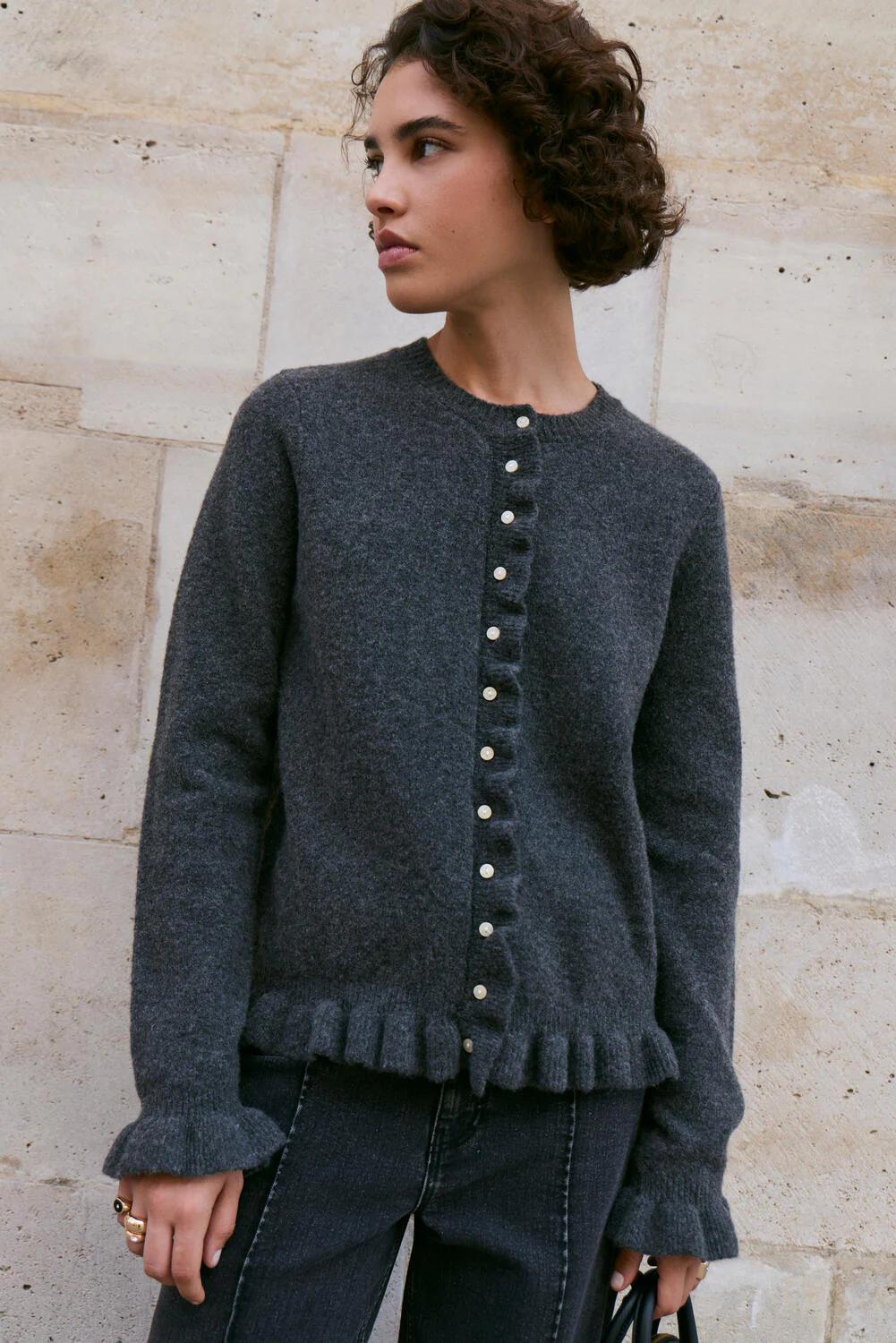 Vijacia Frill cardigan - Medium Grey Melange - Image 3