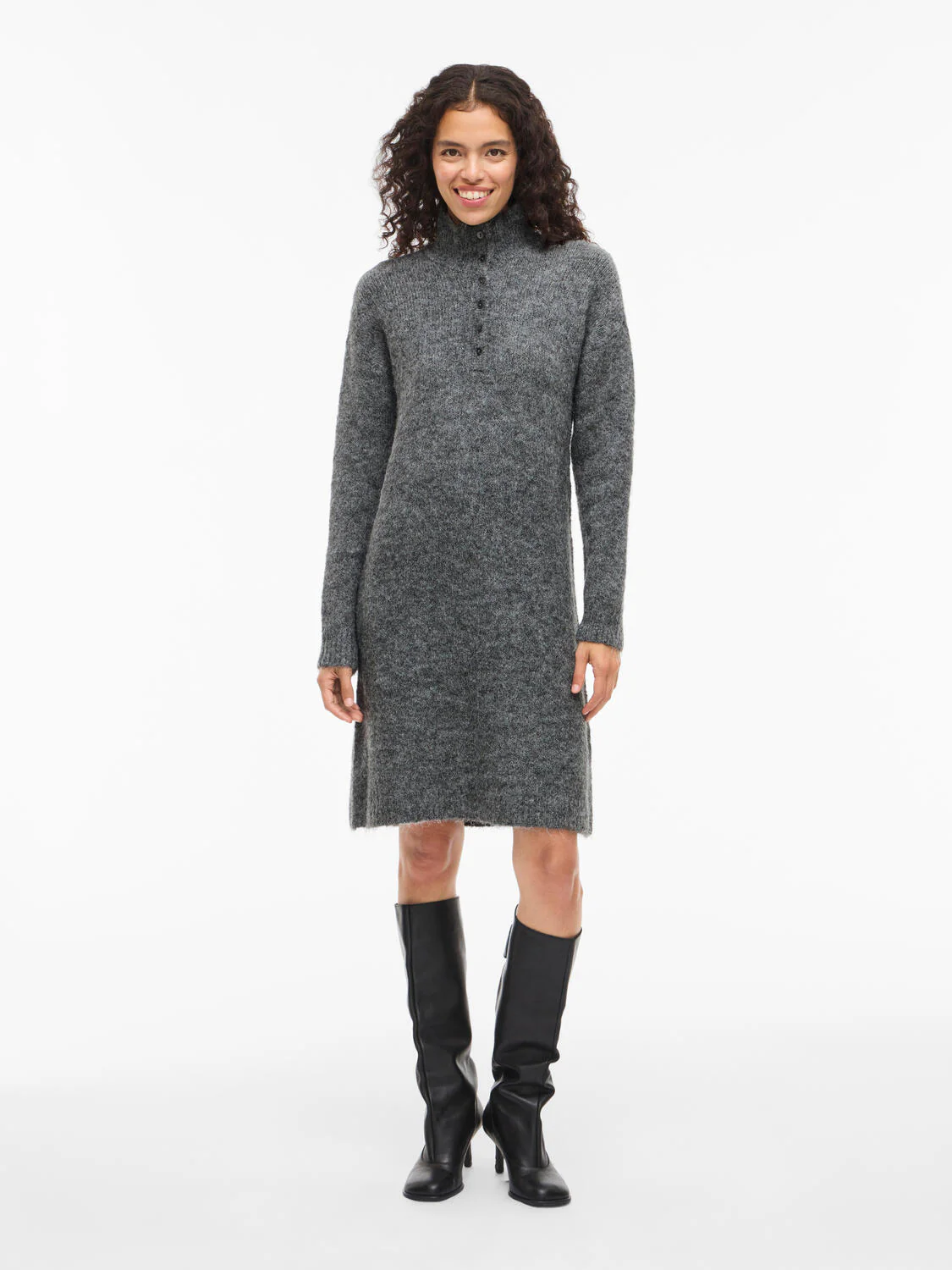 Vinynni Highneck strikkjole - Dark Grey Melange - Image 9